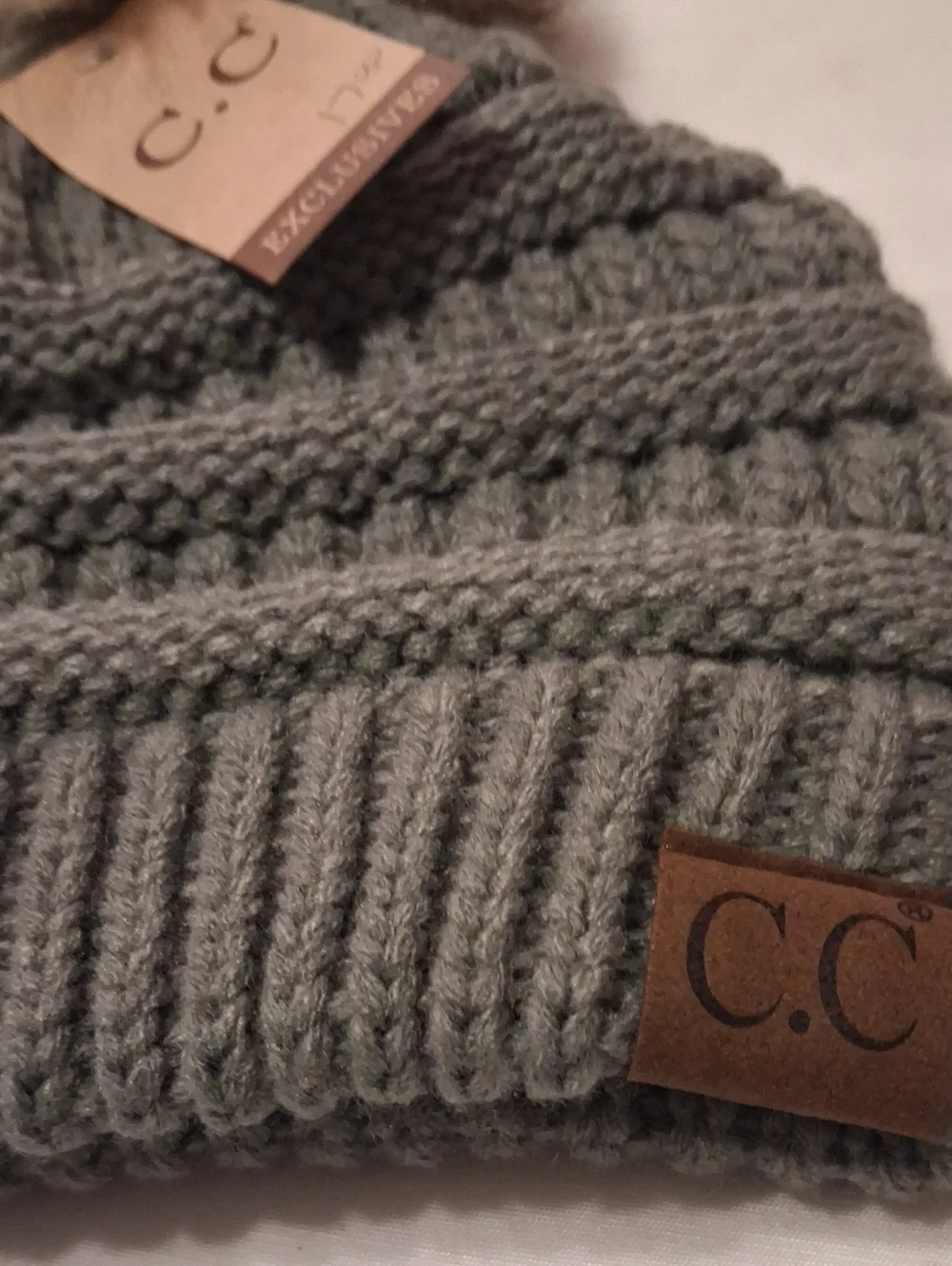 C.C Kids Gray Knit Beanie with Faux Fur Pom